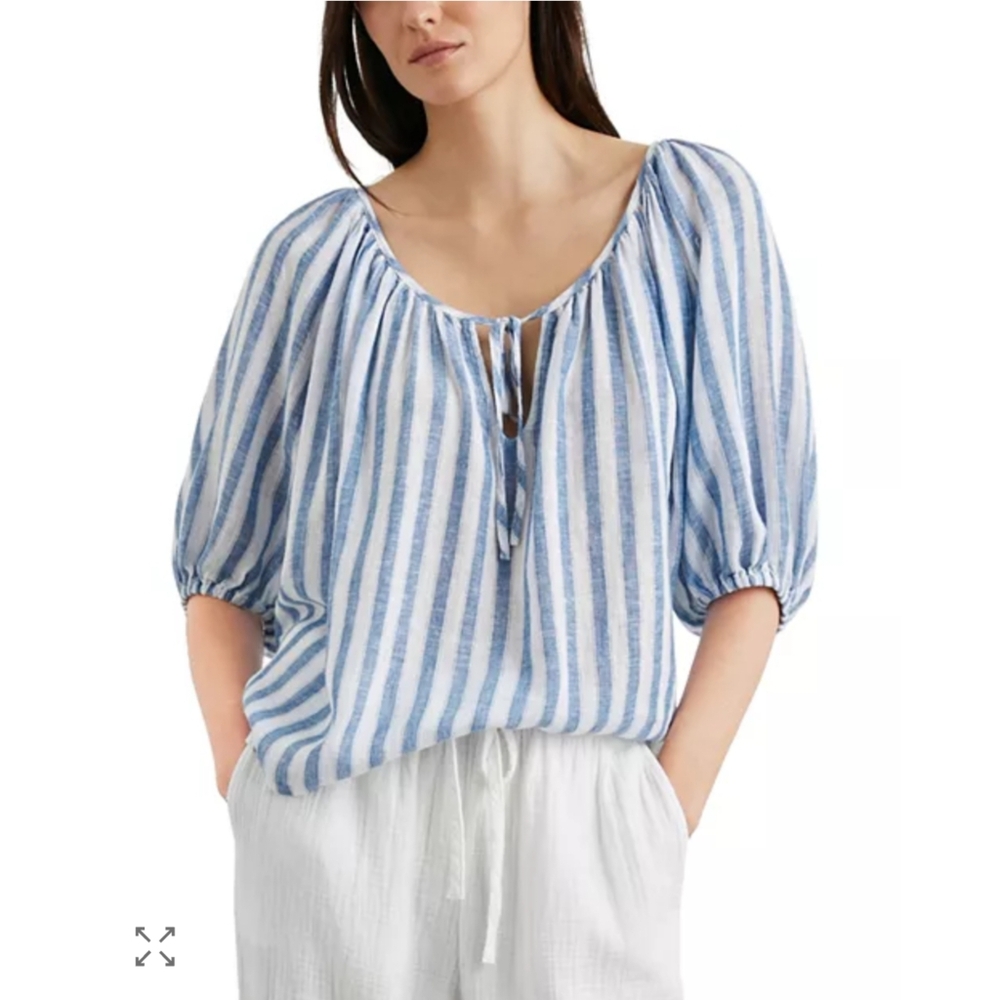 Rails Kirstie Linen Blend Top $168 Blue And White Striped Women's Small Nautical - Picture 2 of 13
